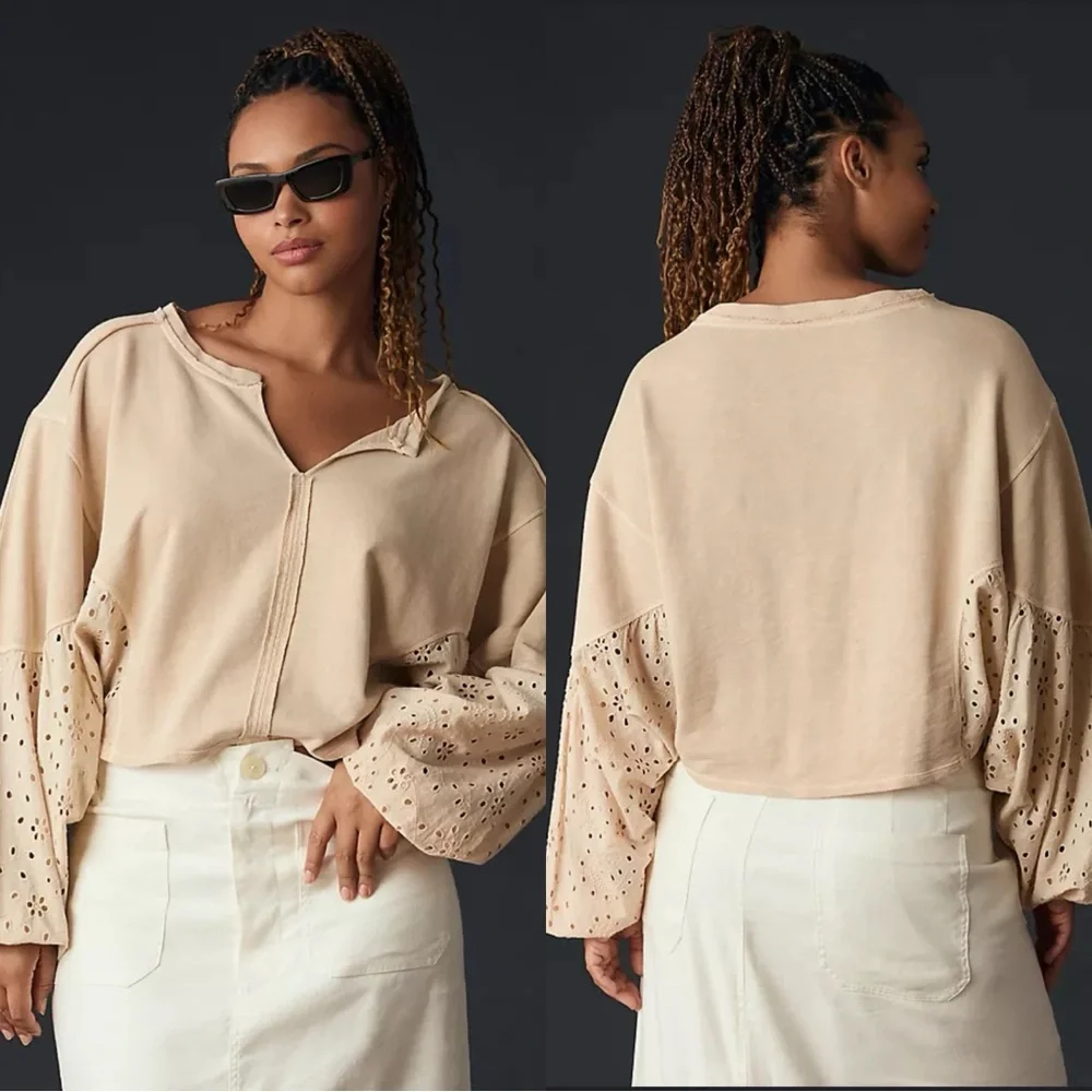 ANTHROPOLOGIE Pilcro Batwing Beige Eyelet Cotton Sweatshirt Pullover Top